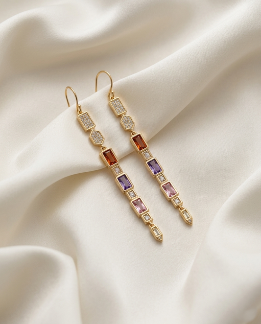 18K Gold Plated Radiant Multi-Gemstone Linear Dangle Earrings