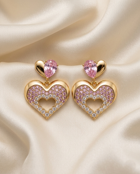 18K Gold Plated Radiant Pink Ombré Heart Drop Earrings