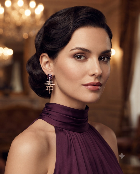 18K Gold Plated Radiant Plum Crystal & Rose Gold Geometric Drop Earrings