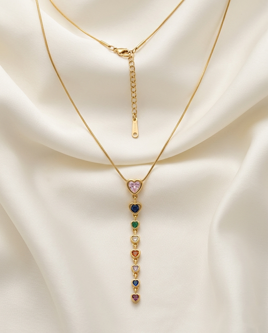 18K Gold Plated Rainbow Heart Lariat Necklace
