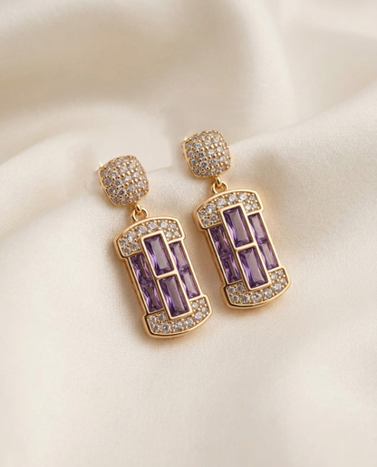 18K Gold Plated Regal Amethyst Baguette Drop Earrings