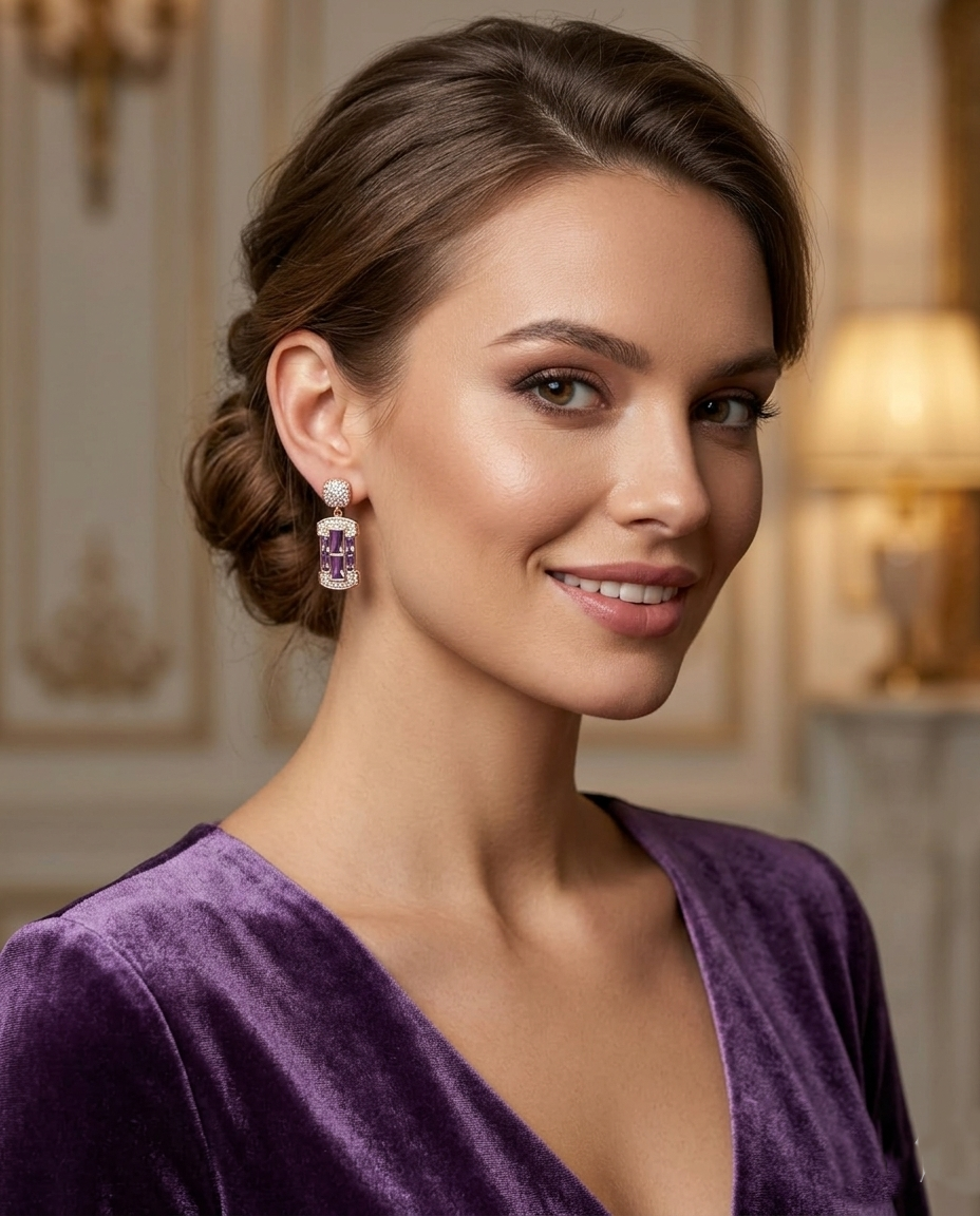 18K Gold Plated Regal Amethyst Baguette Drop Earrings