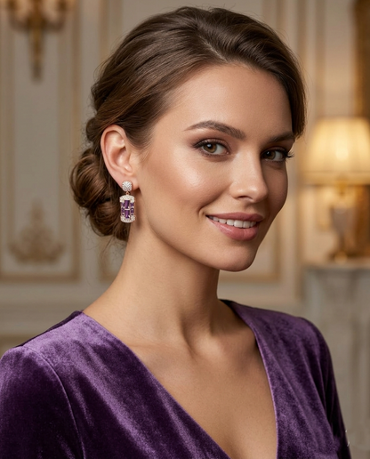 18K Gold Plated Regal Amethyst Baguette Drop Earrings