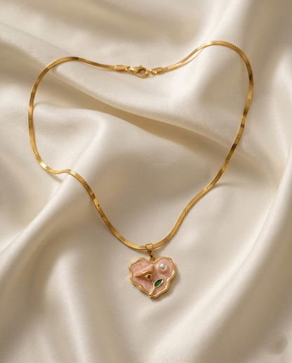 18K Gold Plated Romantic Pink Enamel Rose Heart Pendant Necklace
