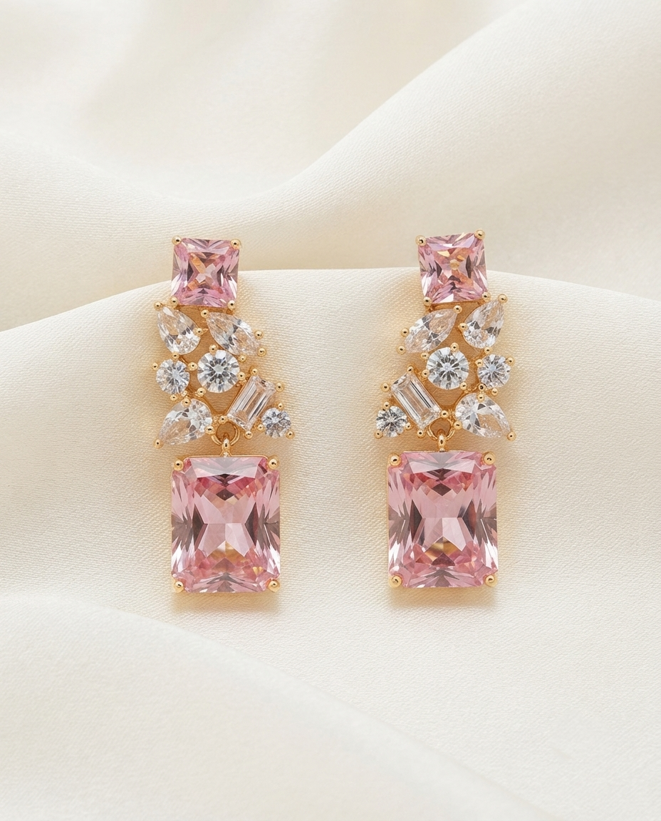 18K Gold Plated Rose Pink Crystal Statement Drop Earrings