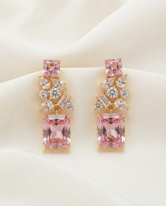 18K Gold Plated Rose Pink Crystal Statement Drop Earrings