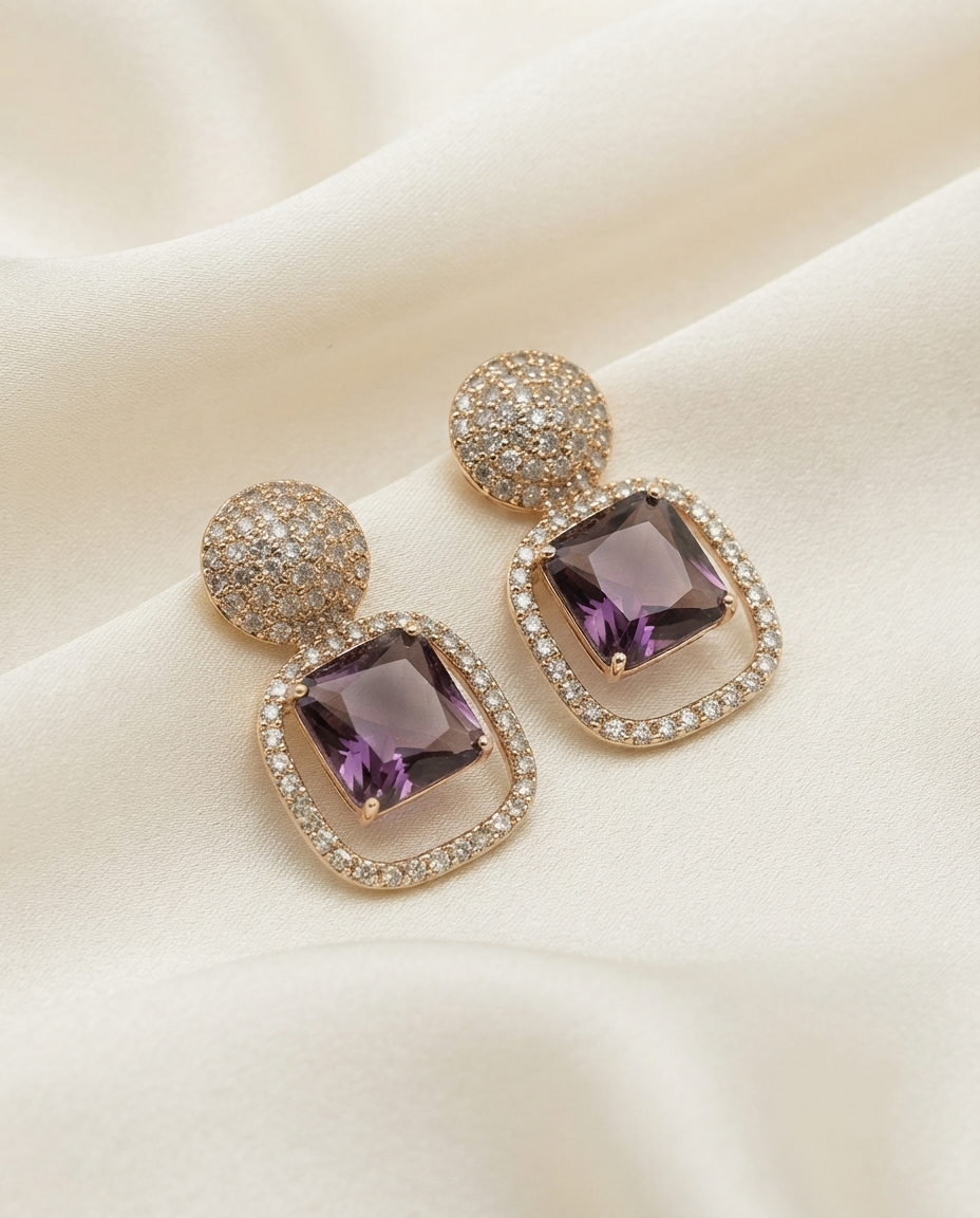 18K Gold Plated Royal Amethyst Square Drop Earrings with Pavé Halo