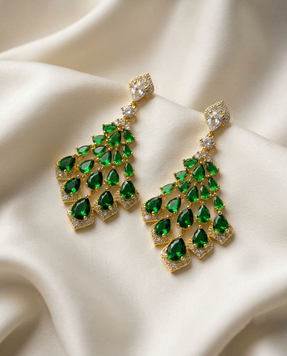 18K Gold Plated Royal Emerald Teardrop Chandelier Earrings