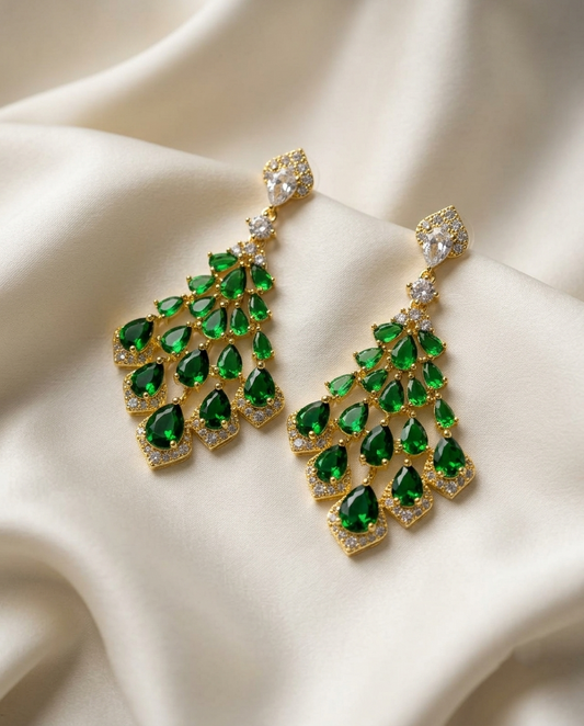 18K Gold Plated Royal Emerald Teardrop Chandelier Earrings