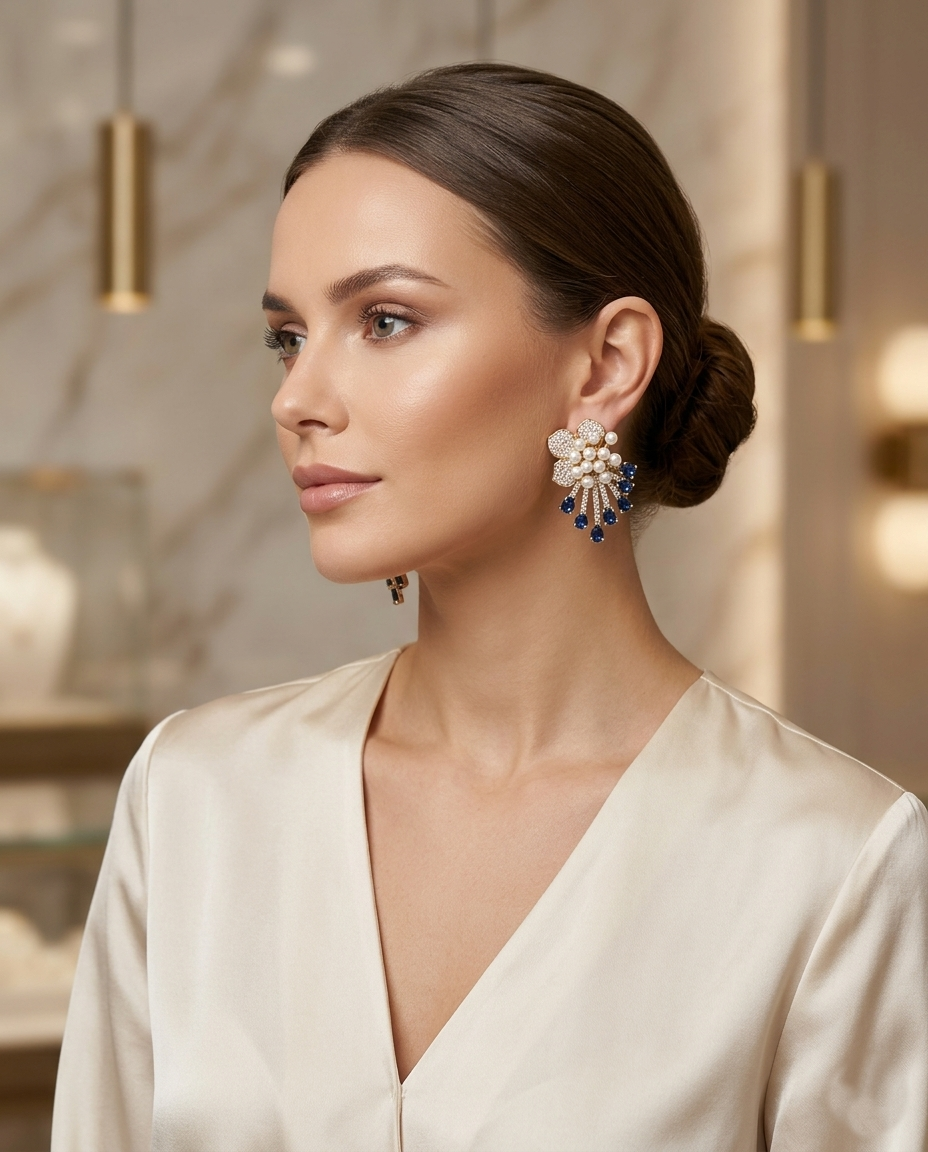 18K Gold Plated Royal Pearl & Sapphire Blue Floral Drop Earrings