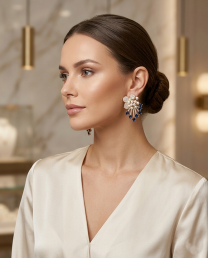 18K Gold Plated Royal Pearl & Sapphire Blue Floral Drop Earrings