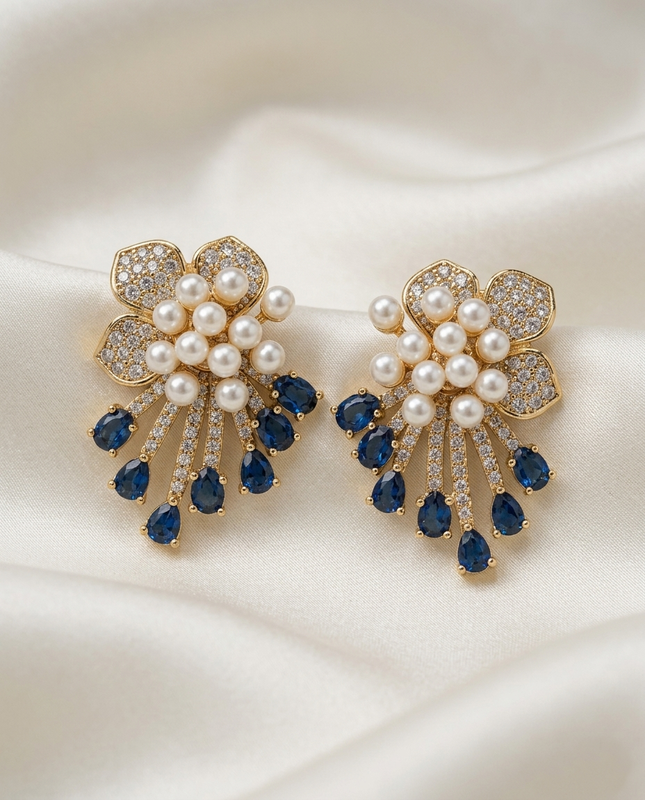 18K Gold Plated Royal Pearl & Sapphire Blue Floral Drop Earrings