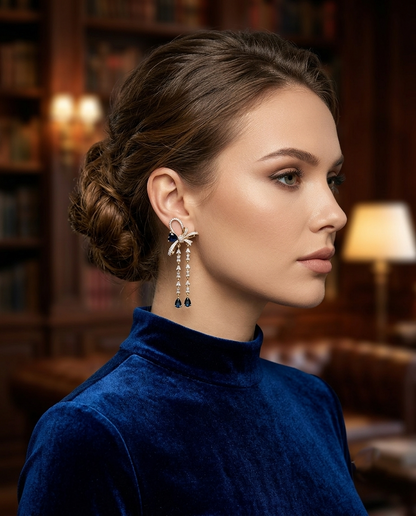 18K Gold Plated Sapphire Blue Bow Enchantment Dangle Earrings