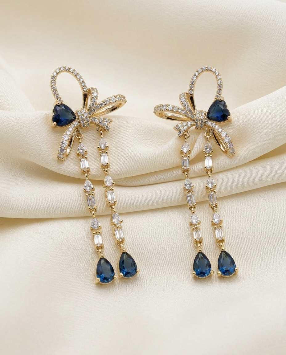 18K Gold Plated Sapphire Blue Bow Enchantment Dangle Earrings