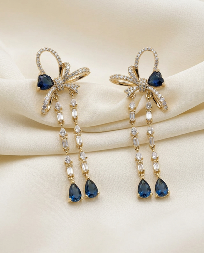 18K Gold Plated Sapphire Blue Bow Enchantment Dangle Earrings