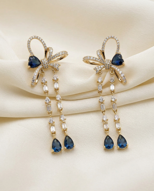 18K Gold Plated Sapphire Blue Bow Enchantment Dangle Earrings
