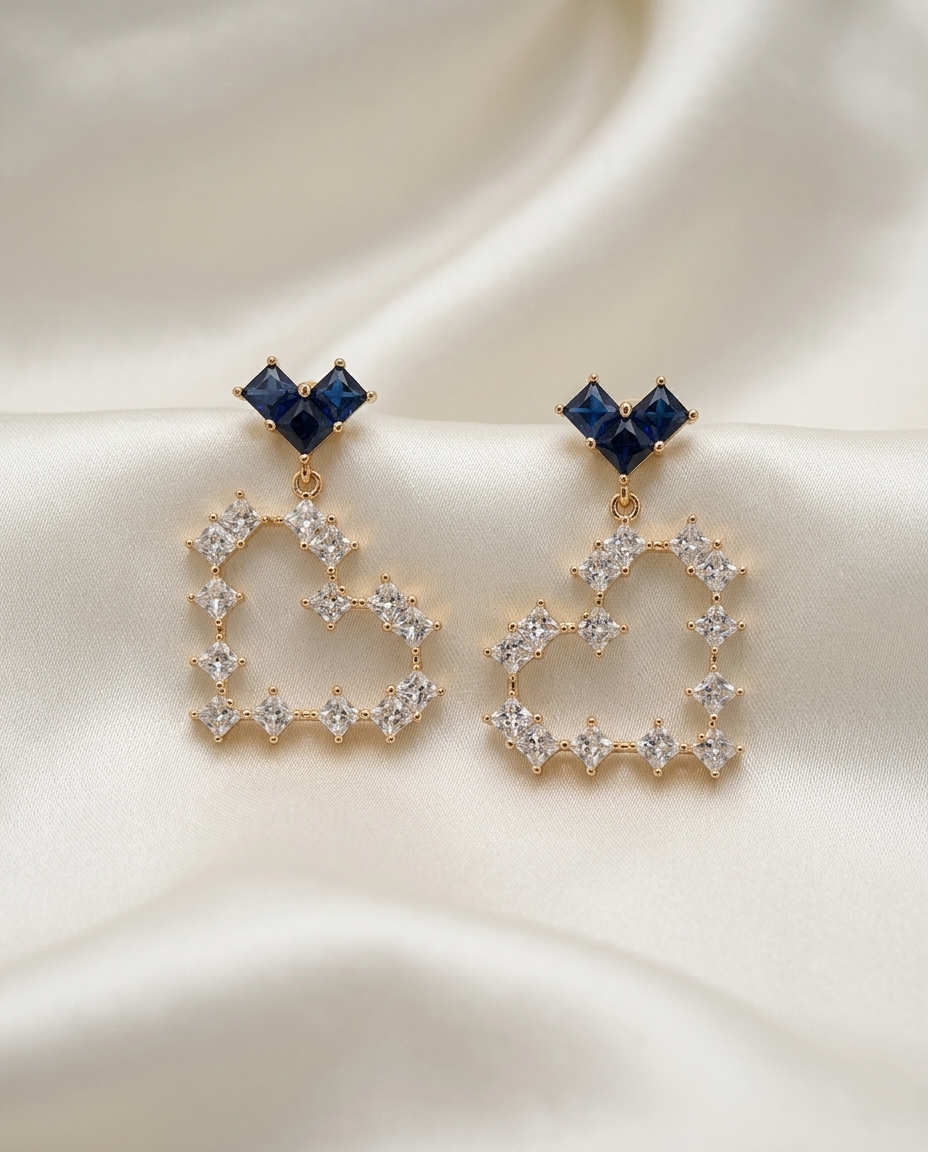 18K Gold Plated Sapphire Devotion Mirrored Heart Drop Earrings