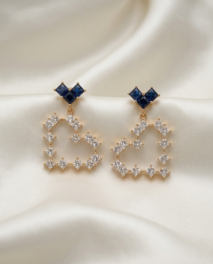 18K Gold Plated Sapphire Devotion Mirrored Heart Drop Earrings