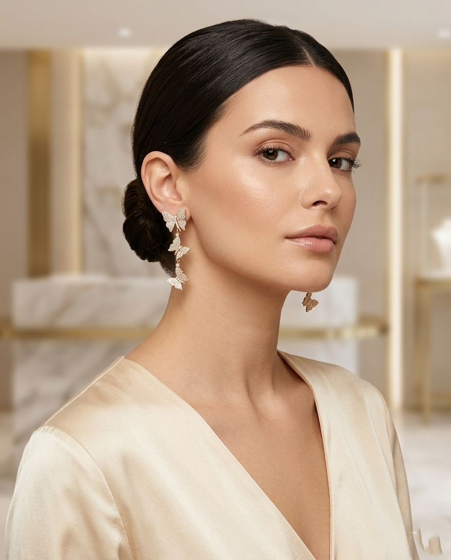 18K Gold Plated Sparkling Crystal Butterfly Tiered Drop Earrings