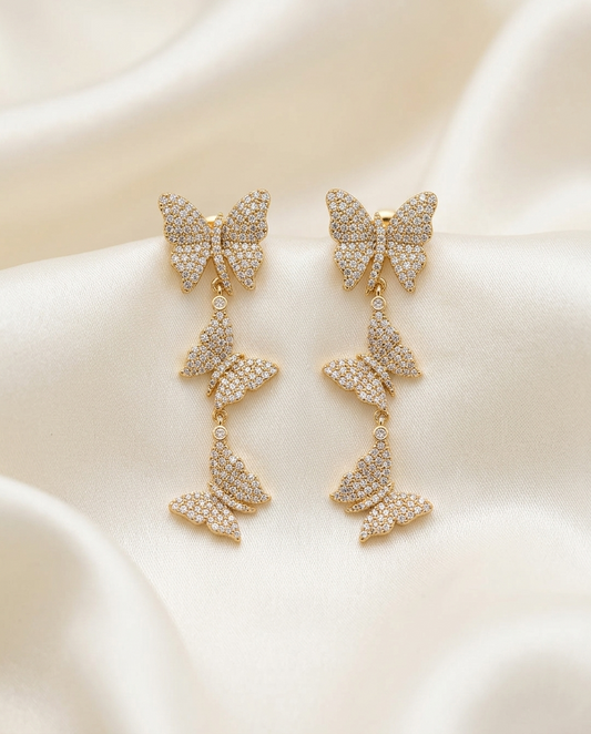 18K Gold Plated Sparkling Crystal Butterfly Tiered Drop Earrings