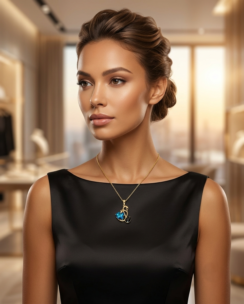 18K Gold Plated Swan Heart Pendant Necklace with Deep Blue Crystal & Black Gemstone