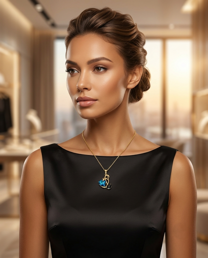 18K Gold Plated Swan Heart Pendant Necklace with Deep Blue Crystal & Black Gemstone