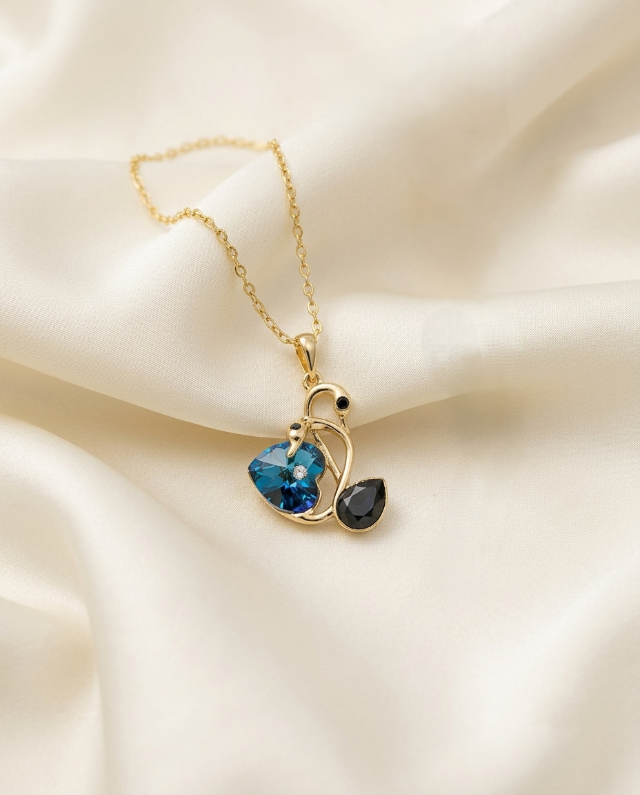 18K Gold Plated Swan Heart Pendant Necklace with Deep Blue Crystal & Black Gemstone