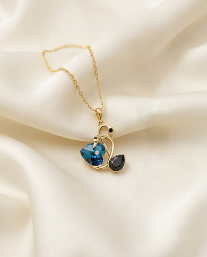 18K Gold Plated Swan Heart Pendant Necklace with Deep Blue Crystal & Black Gemstone