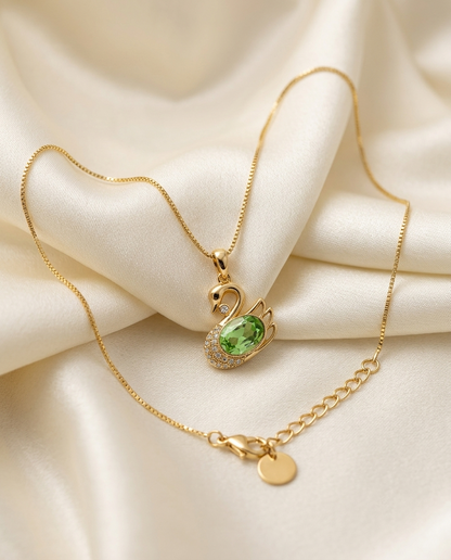 18K Gold Plated Swan Pendant Necklace with Green Crystal & Pavé Accents