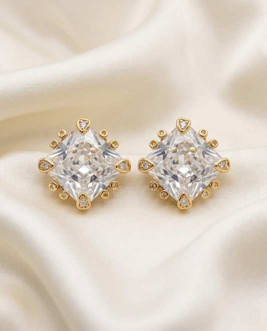18K Gold Plated Timeless Square Crystal Studs