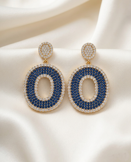 18K Gold Plated Victoria Deep Blue Crystal Halo Statement Earrings