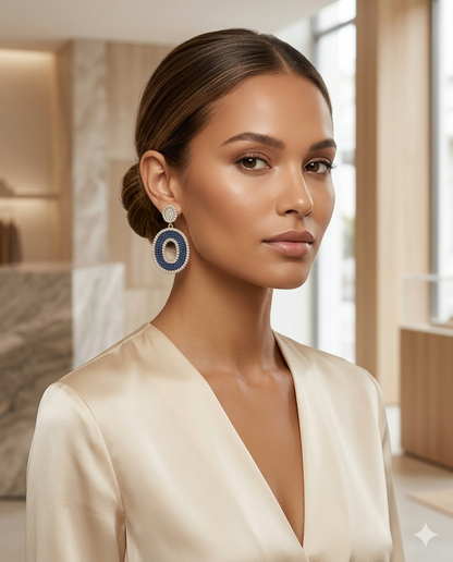 18K Gold Plated Victoria Deep Blue Crystal Halo Statement Earrings