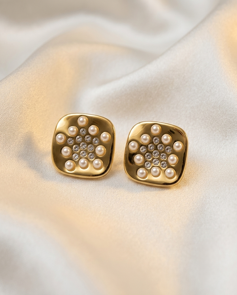 18K Gold Plated Vintage-Inspired Pearl & Crystal Cluster Stud Earrings