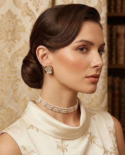 18K Gold Plated Vintage-Inspired Pearl & Crystal Cluster Stud Earrings