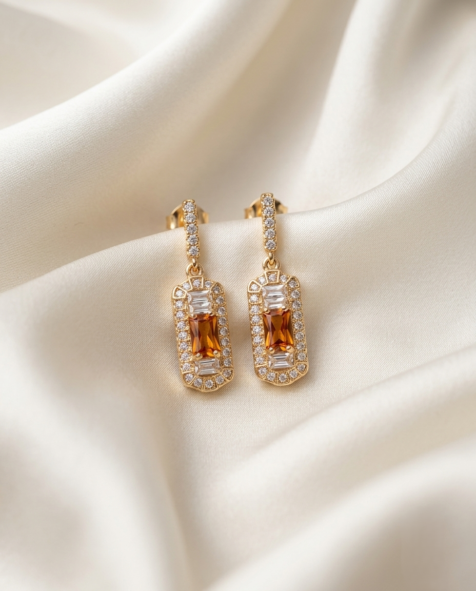 18K Gold Plated Vintage Art Deco Amber Baguette Drop Earrings