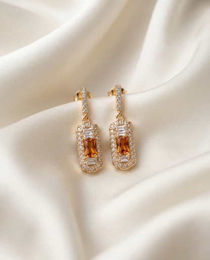 18K Gold Plated Vintage Art Deco Amber Baguette Drop Earrings
