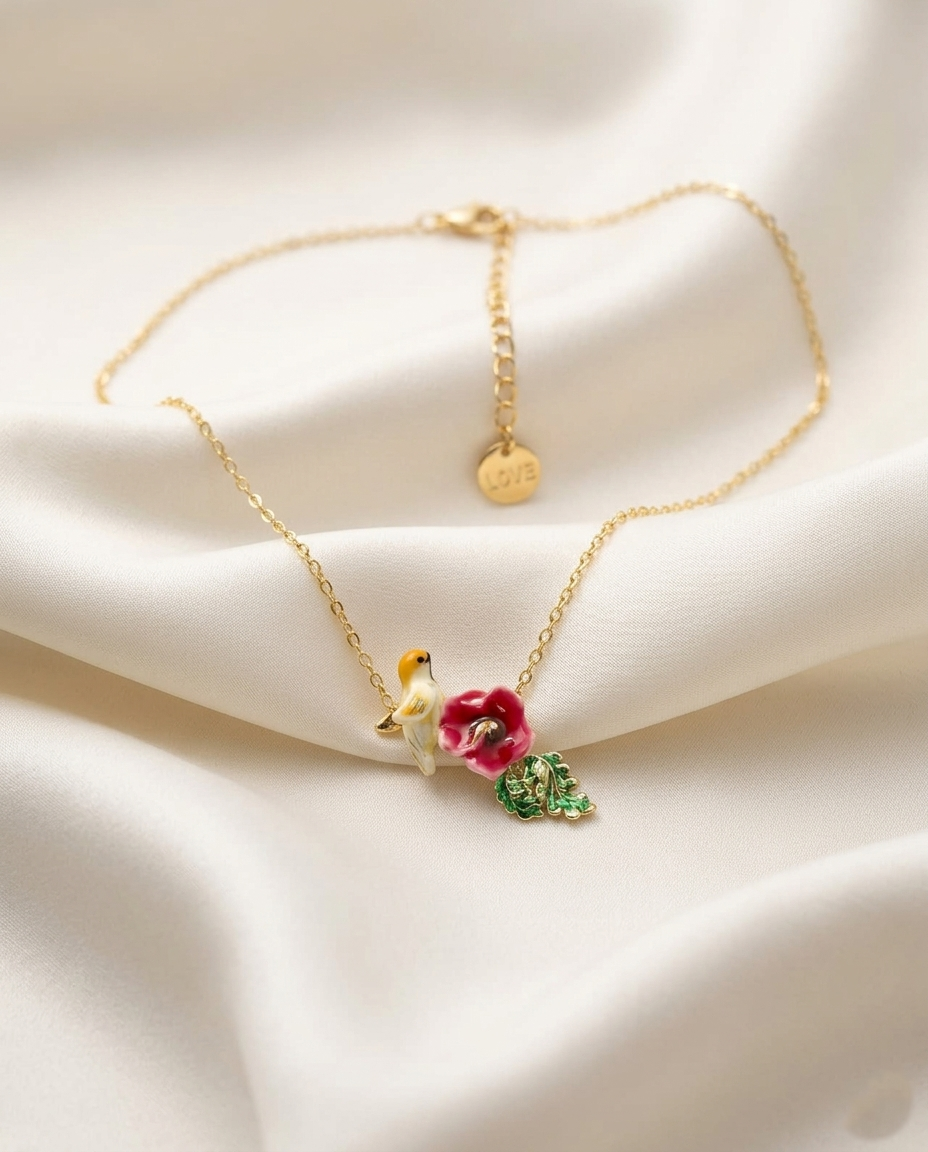 18K Gold Plated Whimsical Bird & Enamel Flower Necklace