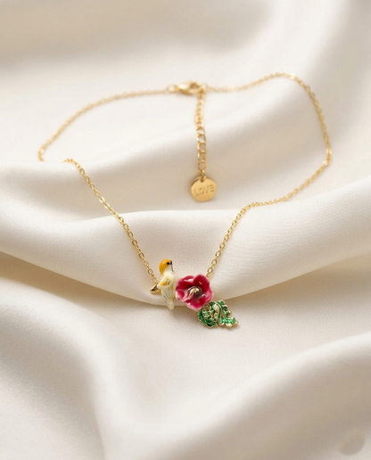 18K Gold Plated Whimsical Bird & Enamel Flower Necklace