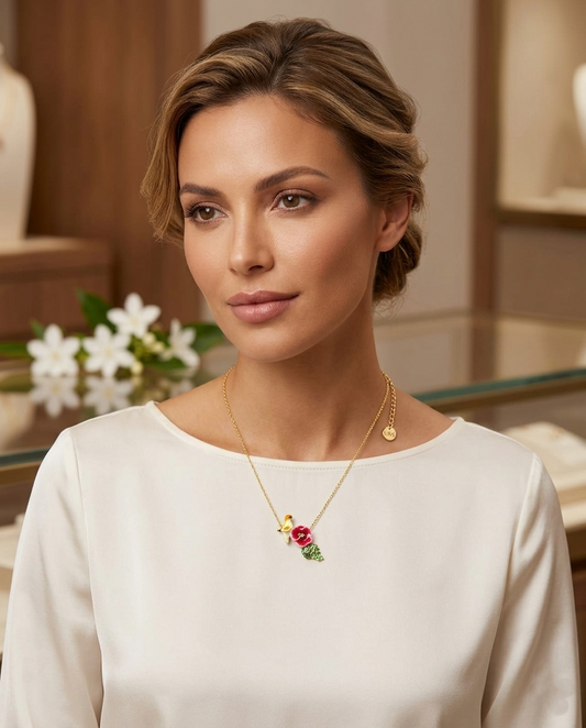 18K Gold Plated Whimsical Bird & Enamel Flower Necklace