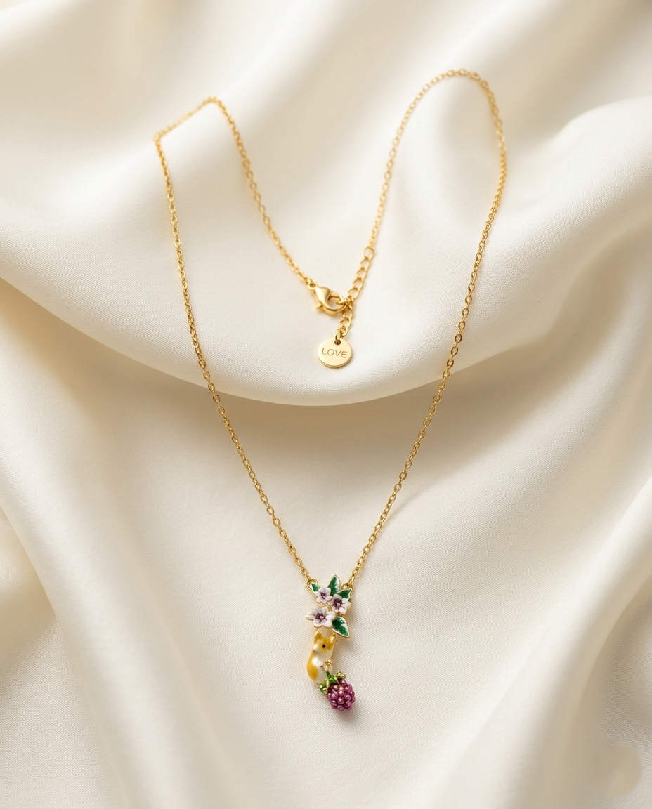 18K Gold Plated Whimsical Floral & Berry Charm Necklace