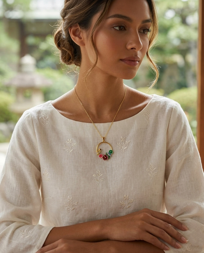 18K Gold Plated Whimsical Songbird & Garden Bloom Circle Necklace