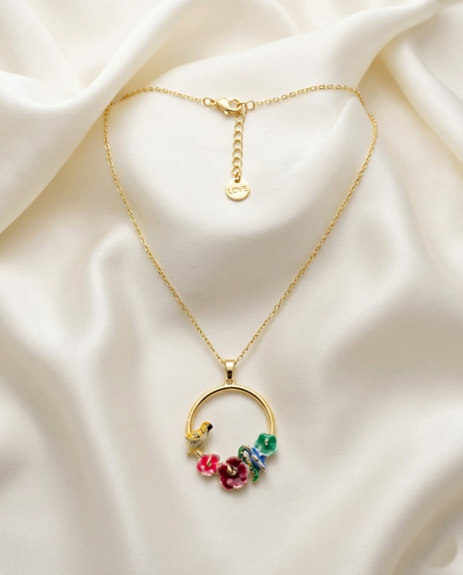 18K Gold Plated Whimsical Songbird & Garden Bloom Circle Necklace