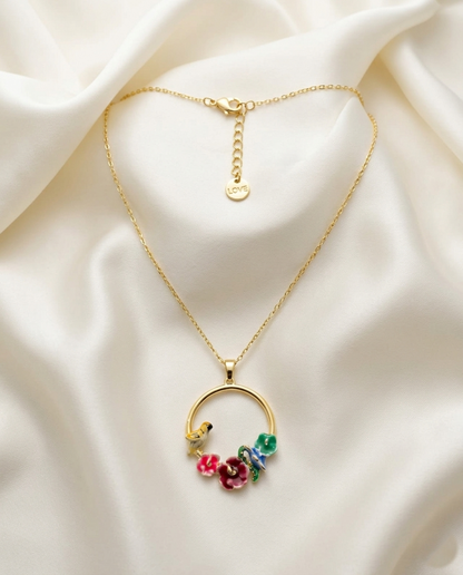 18K Gold Plated Whimsical Songbird & Garden Bloom Circle Necklace