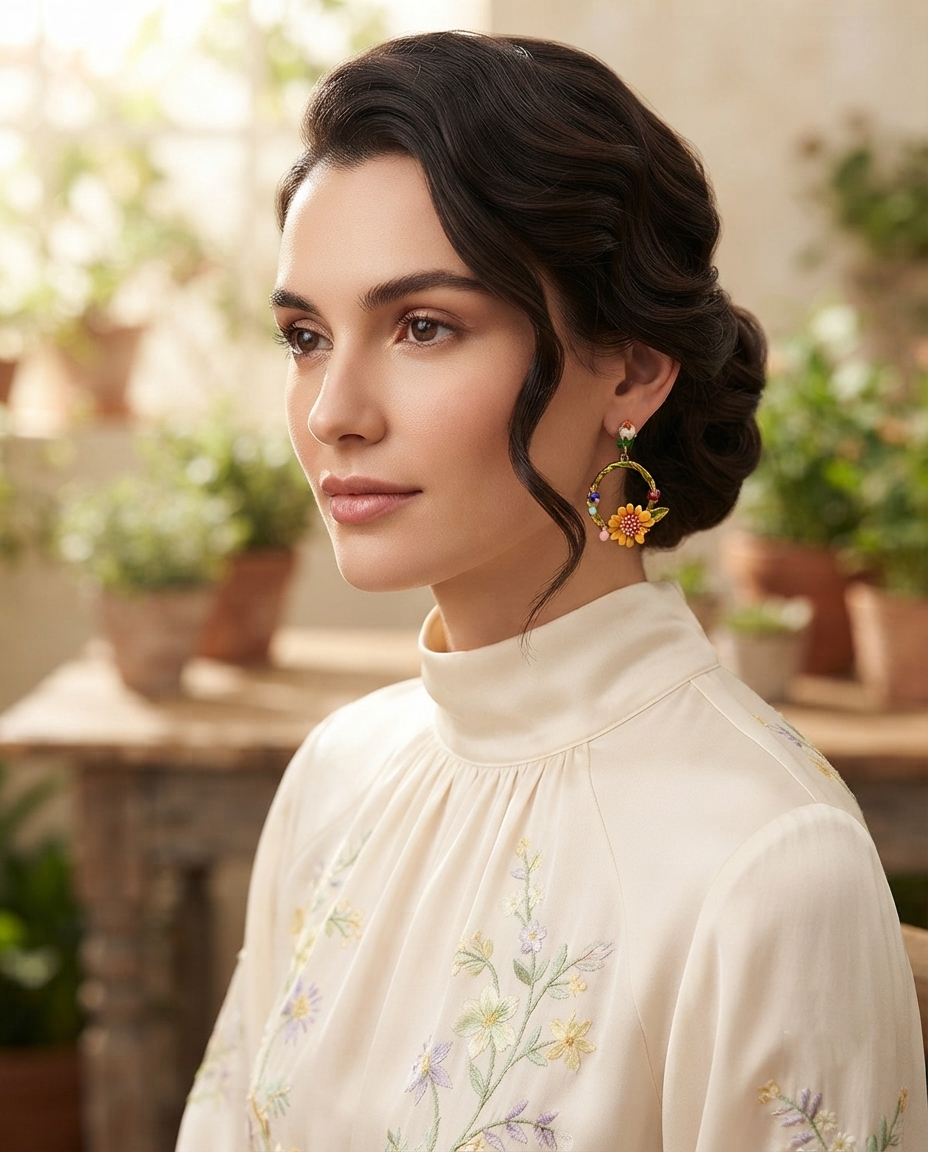18K Gold Plated Whimsical Sunflower & Enamel Floral Hoop Earrings