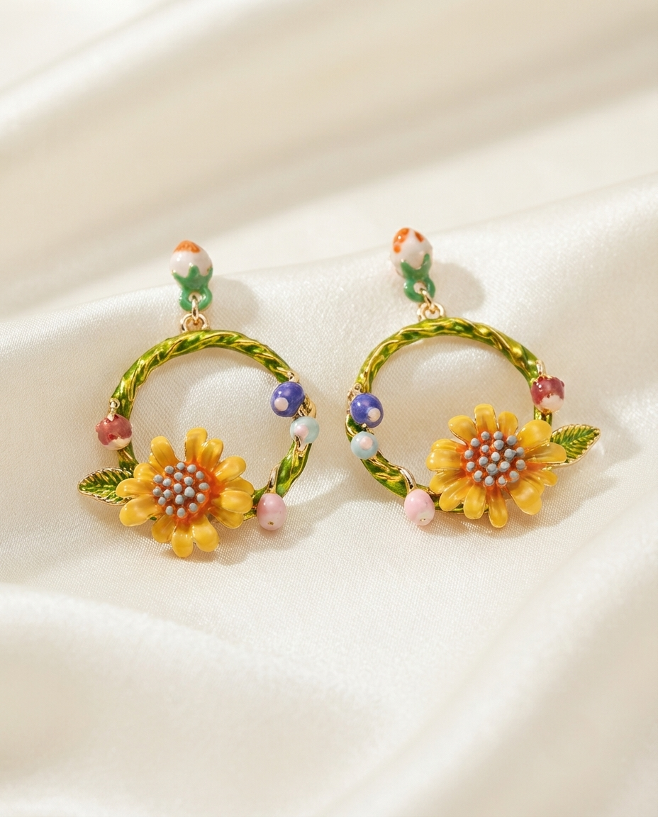 18K Gold Plated Whimsical Sunflower & Enamel Floral Hoop Earrings