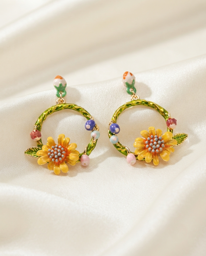 18K Gold Plated Whimsical Sunflower & Enamel Floral Hoop Earrings