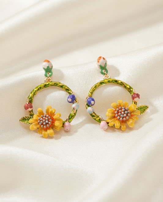 18K Gold Plated Whimsical Sunflower & Enamel Floral Hoop Earrings