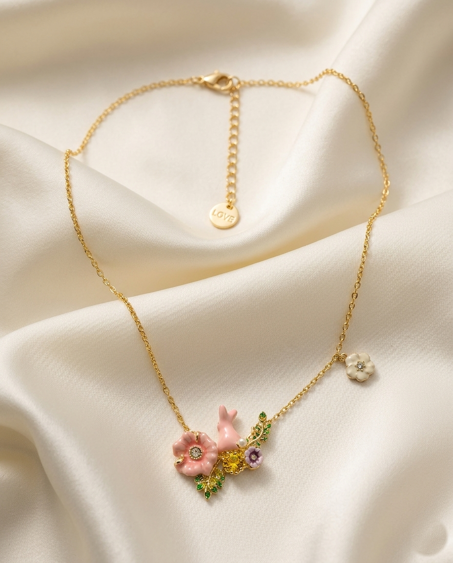 18K Gold plated Enchanted Garden Bunny & Floral  Necklace