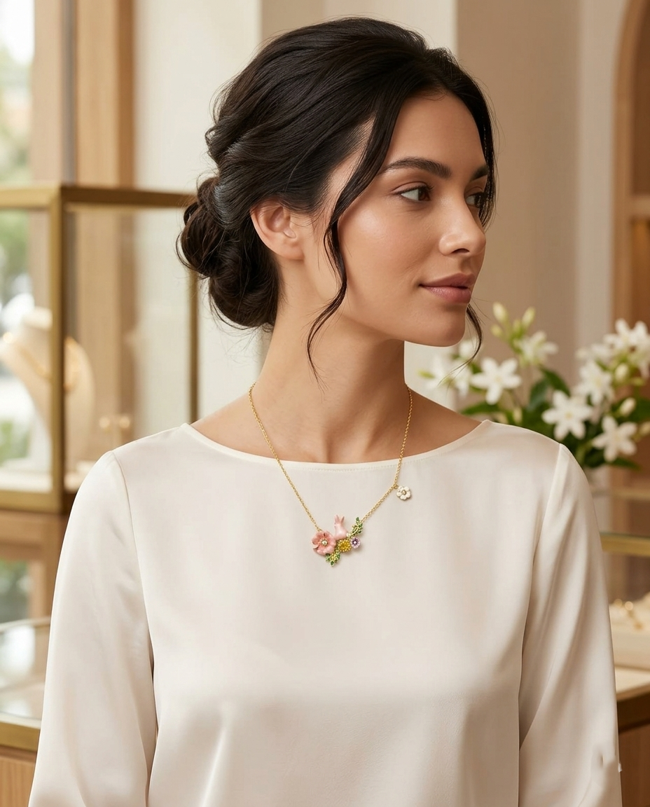 18K Gold plated Enchanted Garden Bunny & Floral  Necklace
