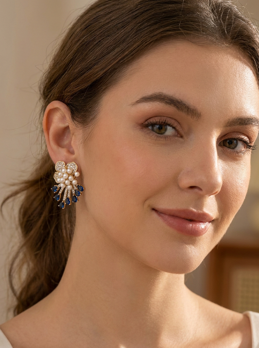 18K Gold Plated Royal Pearl & Sapphire Blue Floral Drop Earrings